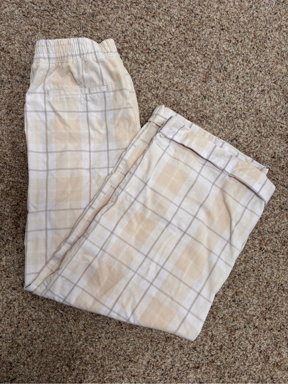 aerie Cream and Beige Windowpane Wide-Leg Pants